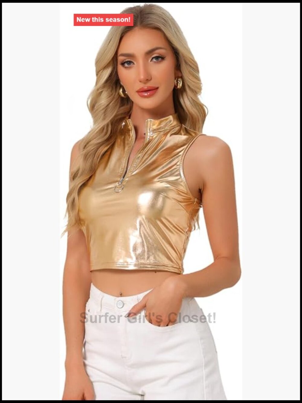 Metallic Crop Tank Top Mock Neck Zip Up Sleeveless Holographic Party Sparkle